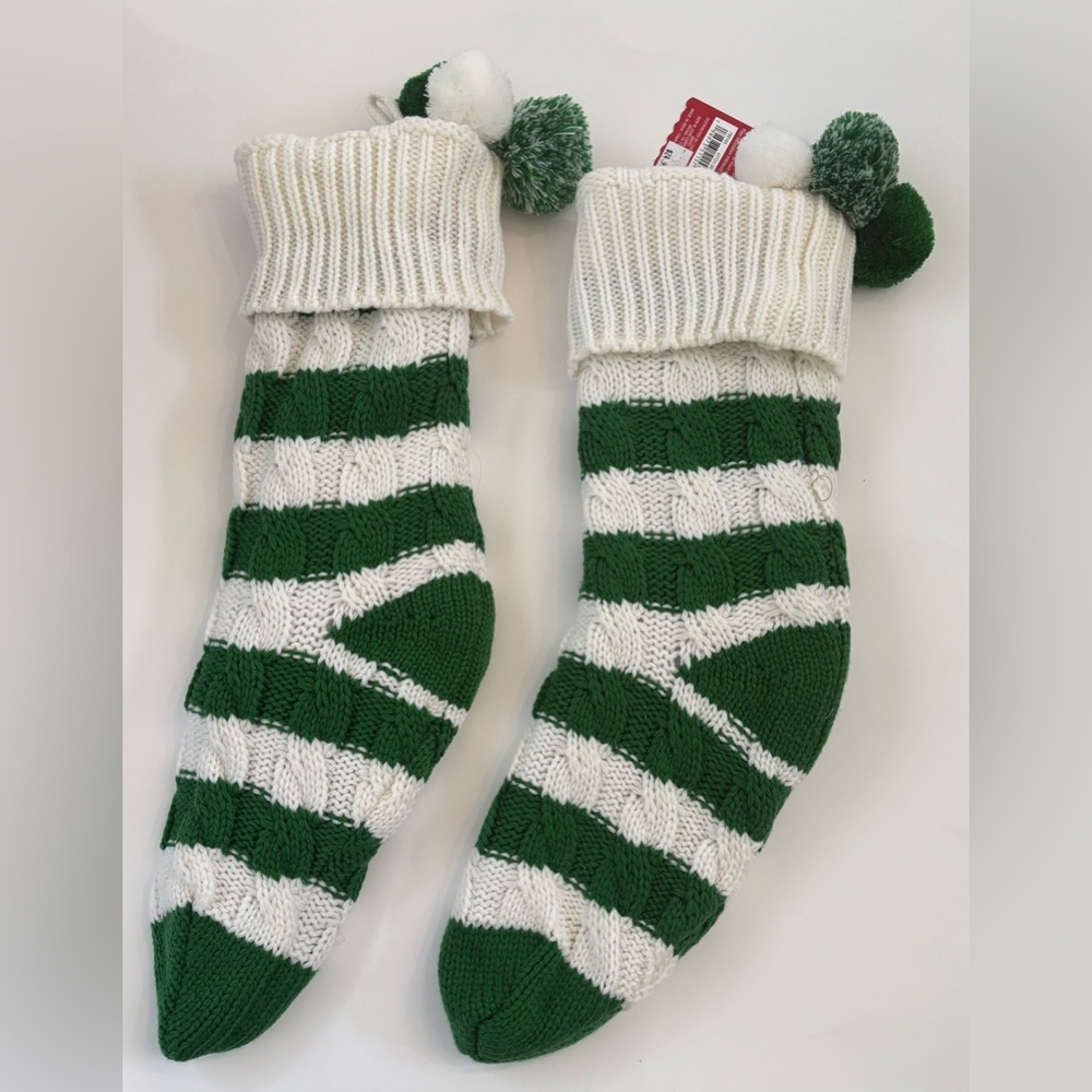 Cable knit chunky Christmas stockings (2) large 21 in NEW NWT green white stripe - Picture 2 of 8